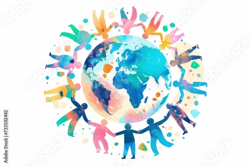 Diverse community coming together for a charity event Illustrated with colorful Abstract figures holding hands around a globe Symbolizing unity and global support