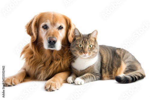 Dog and cat sitting side by side Symbolizing friendship and peace between different species Isolated on a white background for a heartwarming scene © Bijac