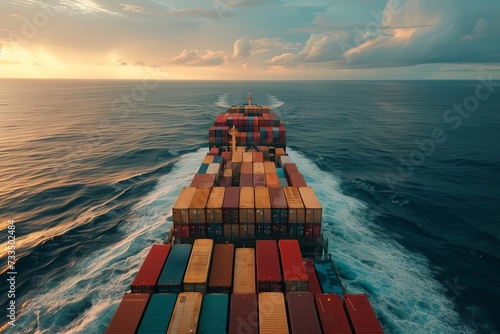 Drone view of a massive container ship in the open sea Emphasizing the scale of maritime logistics and the global trade network