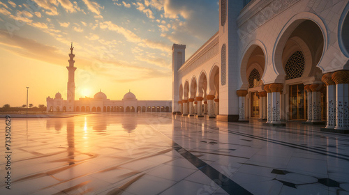 Islamic Mosque architecture against the backdrop of a sunset. Ramadhan background concept © Tazzi Art