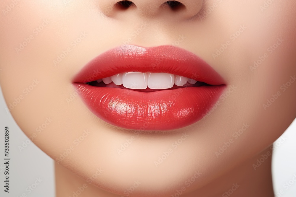 Fototapeta premium Photorealistic female lips with red lipstick
