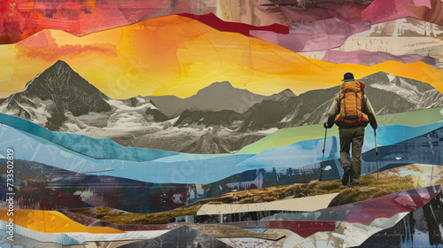 Contemporary hiking collage art illustration, collage style travel concept art photo