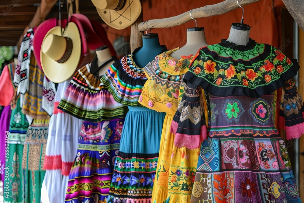 Mexican traditional clothing display Vibrant colors and patterns Artisan market scene