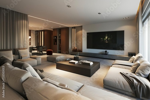 Modern living room with a large screen tv and comfortable seating Designed for relaxation and entertainment Highlighting contemporary home cinema experiences