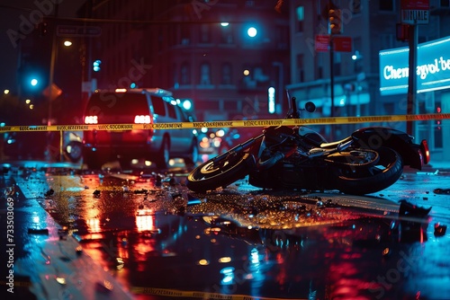 Motorcycle collision in urban setting Emergency response scene with vivid lights and caution tape Wide angle for advertising space