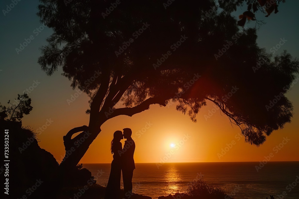 Foto de Silhouette of a loving couple sharing a sunset kiss Creating a ...