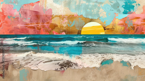 Contemporary summer beach and holiday ocean seascape collage art illustration concept art