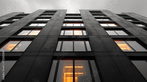Modern Black Apartment Building Viewed from Ground Up, Lights on Inside, Grey Sky 