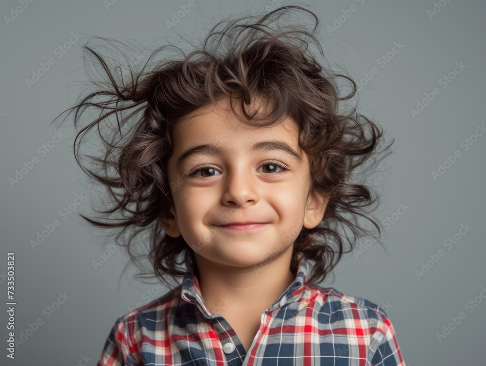 Smiling Indian Boy with Messy Wavy Hair, Checkered Shirt, Grey Photo Studio Background Smiling Indian Boy with Messy Wavy Hair, Checkered Shirt, Grey Photo Studio Background