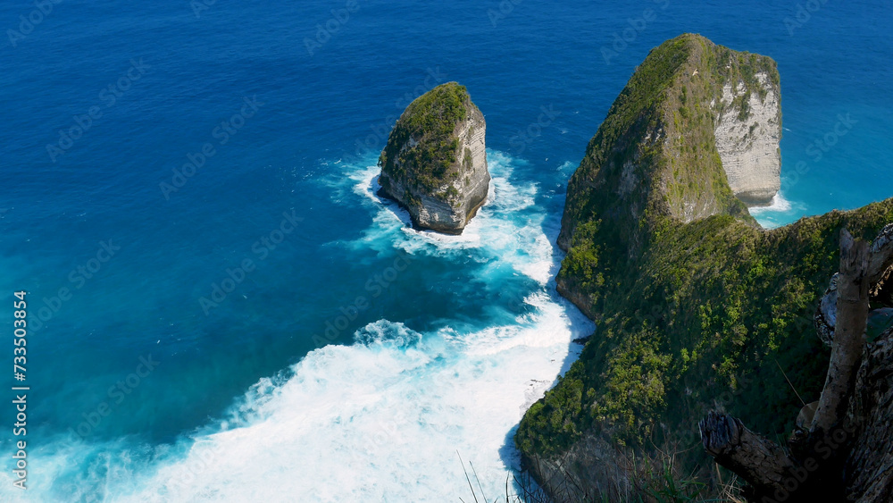 Turquoise ocean sea water white wave splashing deep blue sea. Bird eye