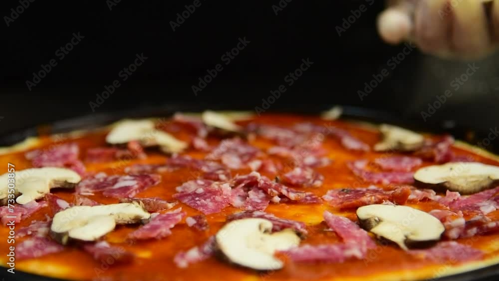 Crop tasty pizza with tomato sauce fresh cheese raw meat. Close up Chef hands cook italian pizza homemade kitchen. Chef hand baker make traditional italian cuisine homemade delicious cheese pizza Crop tasty pizza with tomato sauce fresh cheese raw meat. Close up Chef hands cook italian pizza homemade kitchen. Chef hand baker make traditional italian cuisine homemade delicious cheese pizza