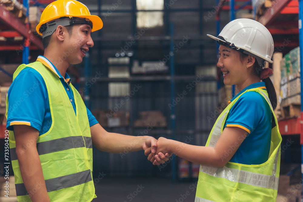 Close up warehouse worker shakehand together. Engineer man hands partnership. Diversity Coworker Men logistics Warehouse teams handshake. Multiracial Support team greeting person teamwork colleagues Close up warehouse worker shakehand together. Engineer man hands partnership. Diversity Coworker Men logistics Warehouse teams handshake. Multiracial Support team greeting person teamwork colleagues