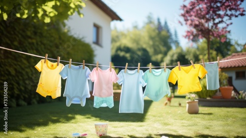 Children s T-shirts drying outside. Neural network AI generated art