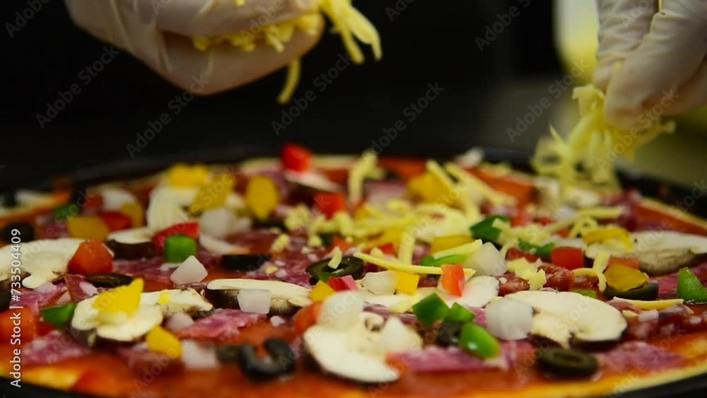 Close up Chef hands cook italian pizza homemade kitchen. Crop tasty pizza with tomato sauce fresh cheese raw meat. Chef hand baker make traditional italian cuisine homemade delicious cheese pizza Close up Chef hands cook italian pizza homemade kitchen. Crop tasty pizza with tomato sauce fresh cheese raw meat. Chef hand baker make traditional italian cuisine homemade delicious cheese pizza