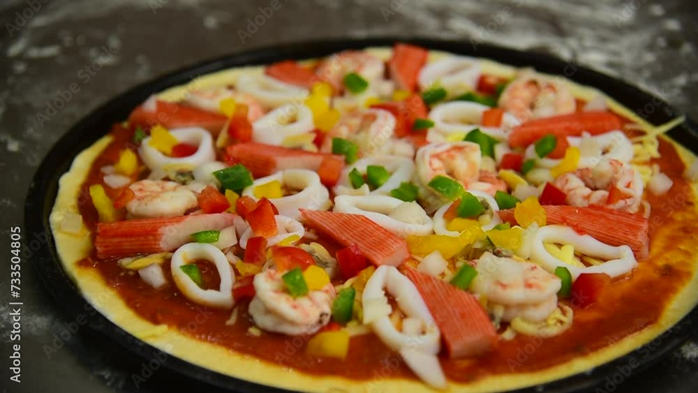 Close up Chef hands cook italian pizza homemade kitchen. Crop tasty pizza with tomato sauce fresh cheese raw meat. Chef hand baker make traditional italian cuisine homemade delicious cheese pizza Close up Chef hands cook italian pizza homemade kitchen. Crop tasty pizza with tomato sauce fresh cheese raw meat. Chef hand baker make traditional italian cuisine homemade delicious cheese pizza