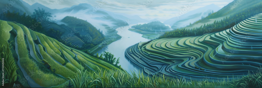 a painting of the rice terraces and river, generative AI