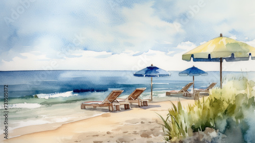 Beach watercolor illustration, holiday sea and sand concept art, ocean view landscape, seascape