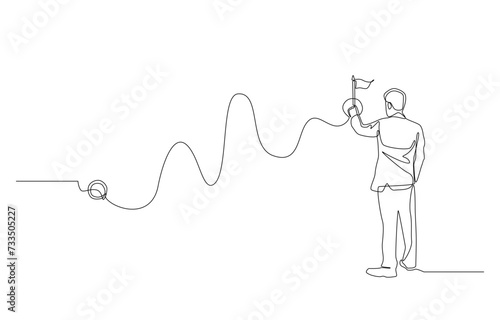 Continuous one line drawing of businessman drawing path from start to finish, plan to reach goal or target concept, single line art.