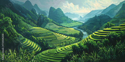 a painting of the rice terraces and river, generative AI © VALUEINVESTOR