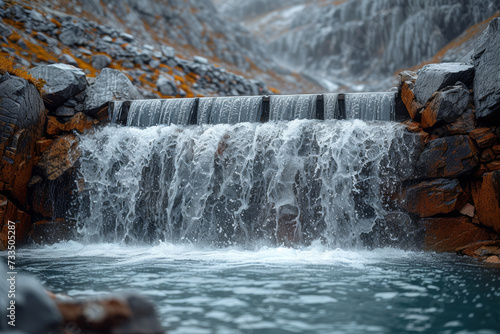 The rigid structures of an industrial area contrasting with the fluidity of a waterfall  capturing the stark differences between human engineering and the raw power of nature. Generative Ai.