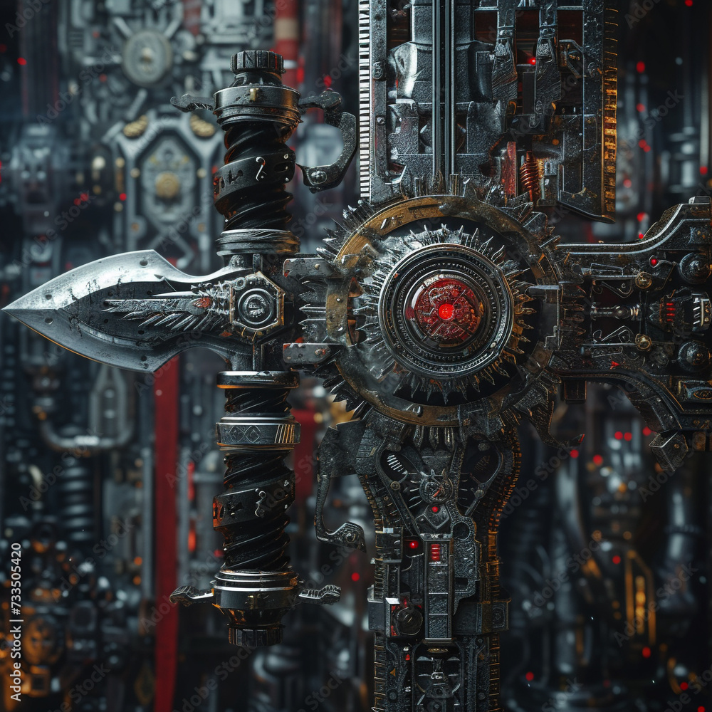 A variable-speed engine embedded with pieces of medieval swords in a high-tech background setting designed distinctively
