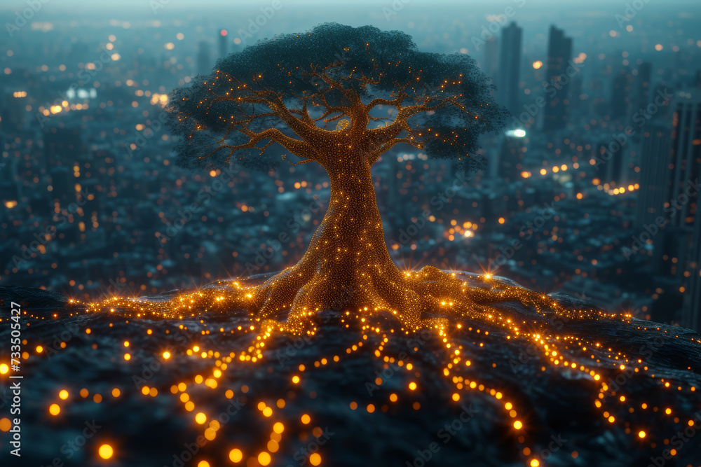 Obraz premium The digital connectivity webbing through a city against the interconnected root system of an ancient tree, symbolizing the intertwining networks that sustain both urban lifes. Generative Ai.