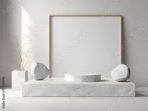  3d Render Stone Podium With Frame And White Natural Abstract Background