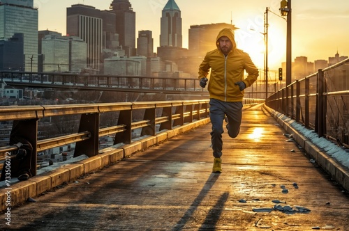 Man jogging on bridge at sunrise in city.