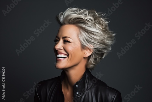 Portrait of beautiful blonde woman with short hairstyle and makeup.