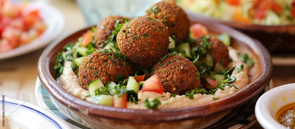 Middle Eastern Arab dish of crispy falafel, hummus, and veggie salad. Middle Eastern Arab dish of crispy falafel, hummus, and veggie salad.