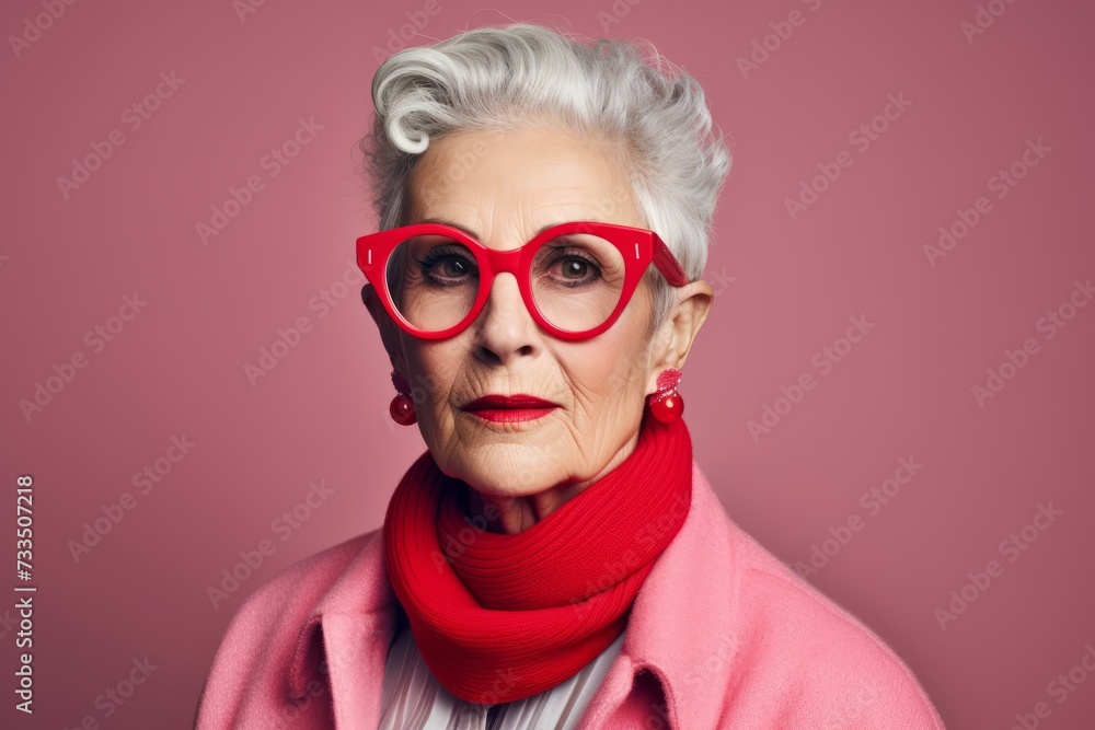 Portrait of beautiful senior woman wearing red glasses and red scarf.