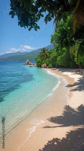 A beautiful beach with blue water and tropical setting. 