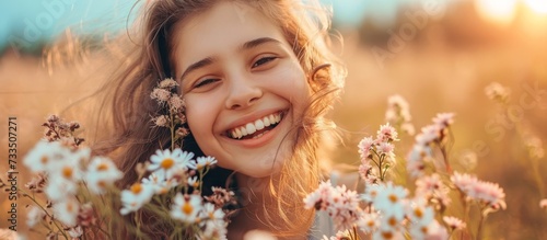 The blond young girl is standing in a field of flowers, smiling, and enjoying the beautiful nature around her. It's a happy and fun moment during her travel event, surrounded by people in nature. © TheWaterMeloonProjec