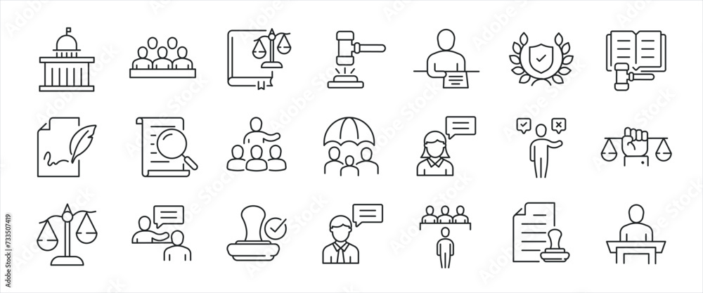 Court minimal thin line icons. Related nailing, law, justice, judgement, investigation. Editable stroke. Vector illustration. Court minimal thin line icons. Related nailing, law, justice, judgement, investigation. Editable stroke. Vector illustration.