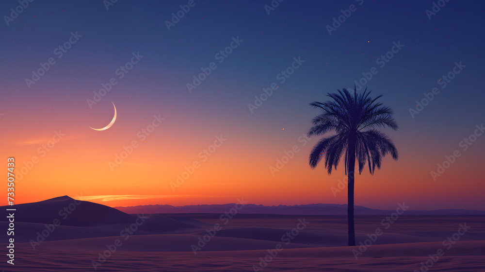 Desert landscape with a lone date palm tree and a crescent moon in the sky. Ramadhan concept