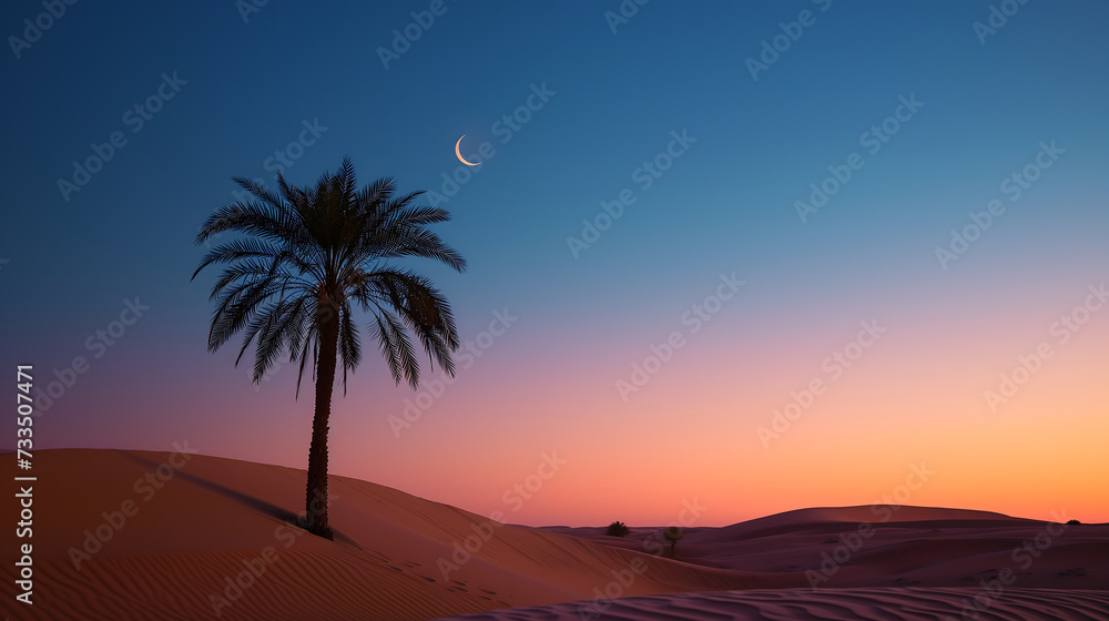 Desert landscape with a lone date palm tree and a crescent moon in the sky. Ramadhan concept