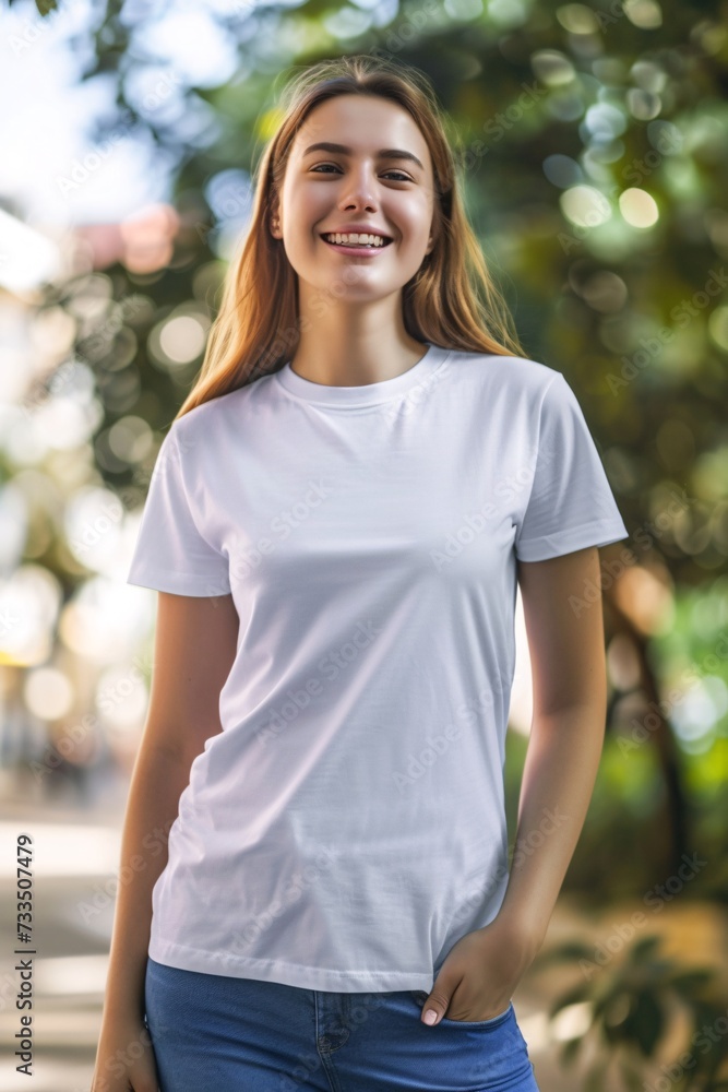 front view young woman wearing white tshirt print on demand mockup outside spring background - generative ai front view young woman wearing white tshirt print on demand mockup outside spring background - generative ai