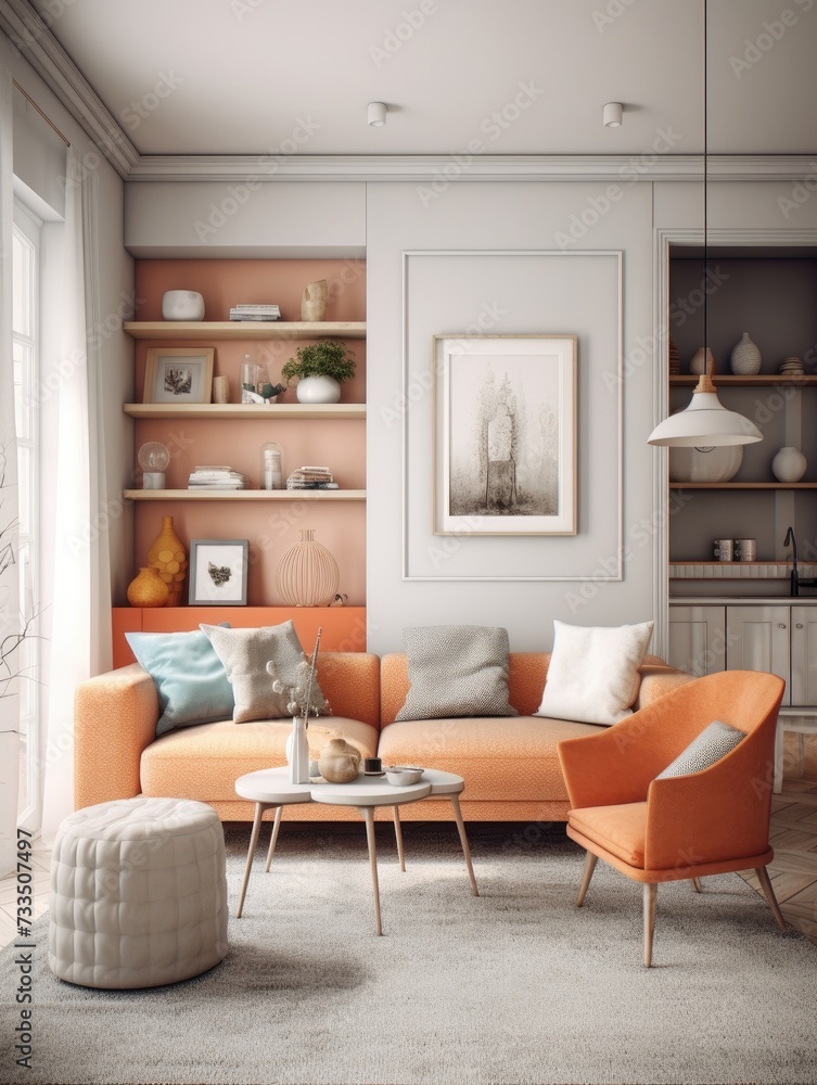 Living room with an orange couch and a coffee table. Living room with an orange couch and a coffee table.