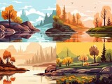 Four different landscapes with trees and water.