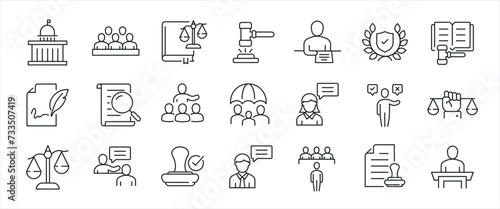 Court minimal thin line icons. Related nailing, law, justice, judgement, investigation. Editable stroke. Vector illustration. photo
