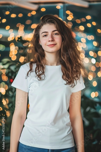 front view young woman wearing white tshirt print on demand mockup outside spring background - generative ai
