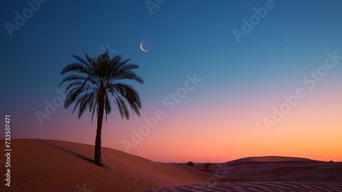 Desert landscape with a lone date palm tree and a crescent moon in the sky. Ramadhan concept