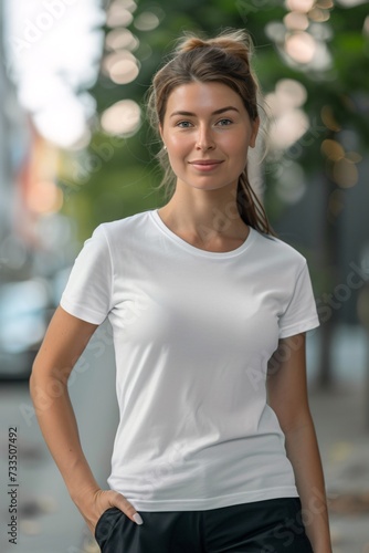front view young woman wearing white tshirt print on demand mockup outside spring background - generative ai