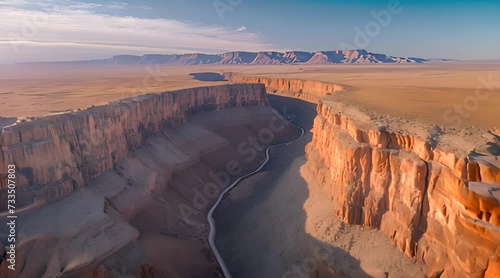 An aerial view of a winding canyon with steep walls, revealing the expansive desert landscape beyond
