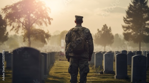 Soldier at the cemetery. Memorial Day. Neural network AI generated art © mehaniq41