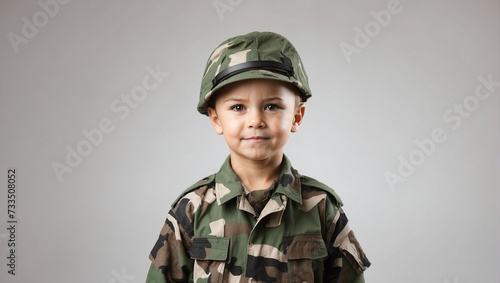 little boy wearing army uniform isolated on white background