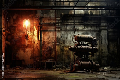 A vivid depiction of a strobe light illuminating the gritty, industrial surroundings, casting an eerie glow on the rusted machinery and weathered walls