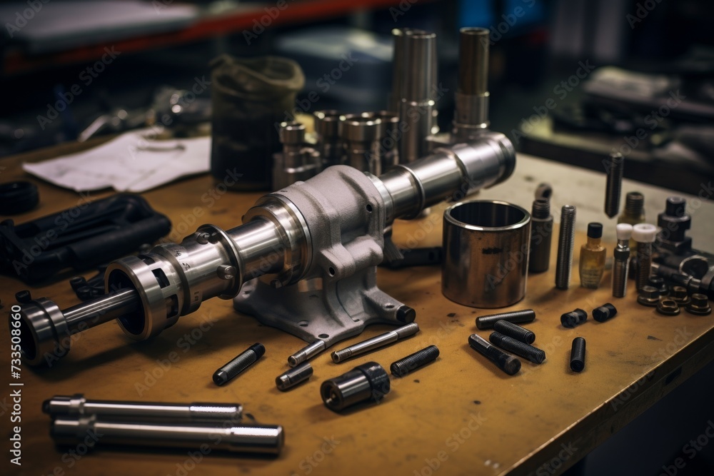 Close-up view of a shiny, new catalytic converter on a workshop table, with an array of tools in the background ready for installation