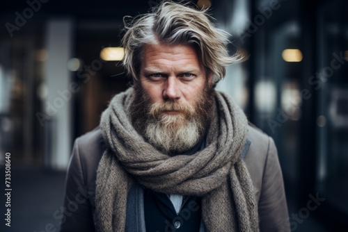 Portrait of a bearded man in a coat and scarf on the street