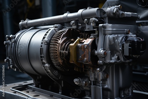 Close-up view of an Auxiliary Power Unit  APU  in an industrial setting  showcasing intricate mechanical details against a backdrop of steel and concrete